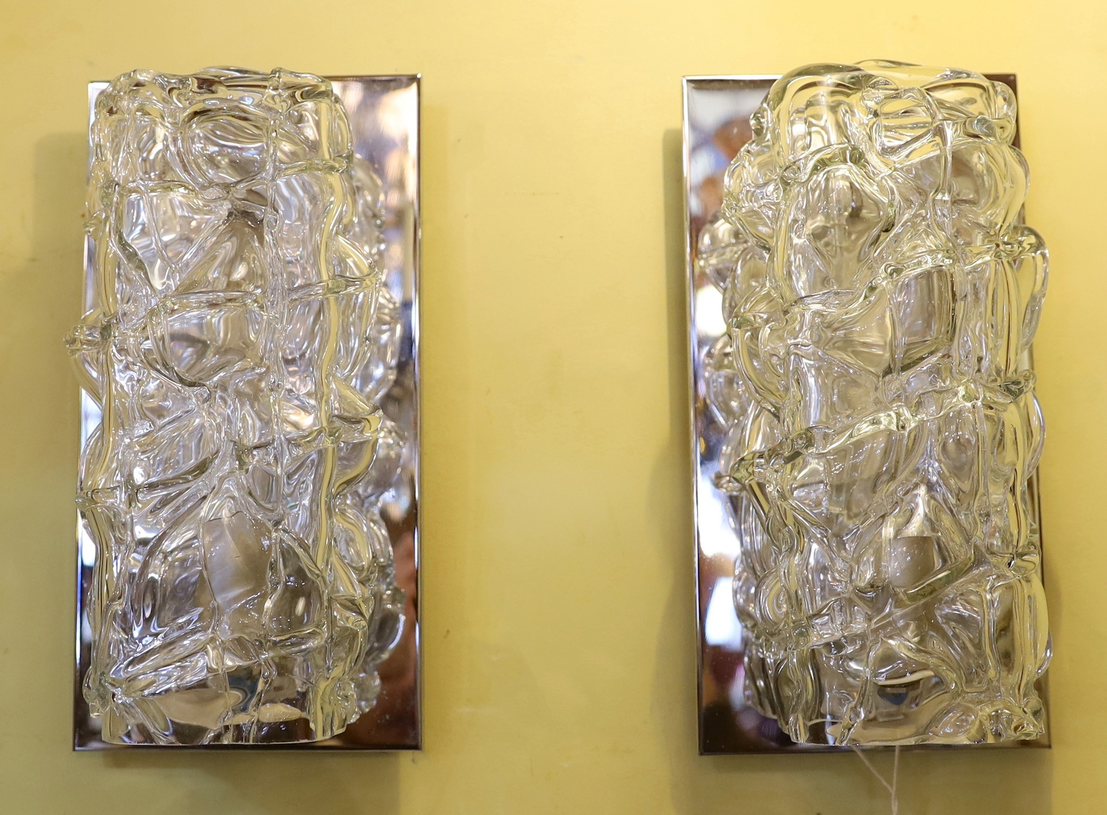 A pair of 1960s Italian scrambled glass and nickel plated wall lights, height 27cm. width 14cm